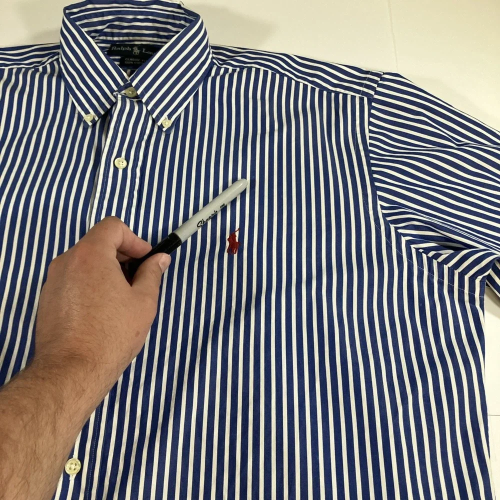Vintage Polo Ralph Lauren Shirt Mens M Blue White Striped Made Hong Kong Cotton